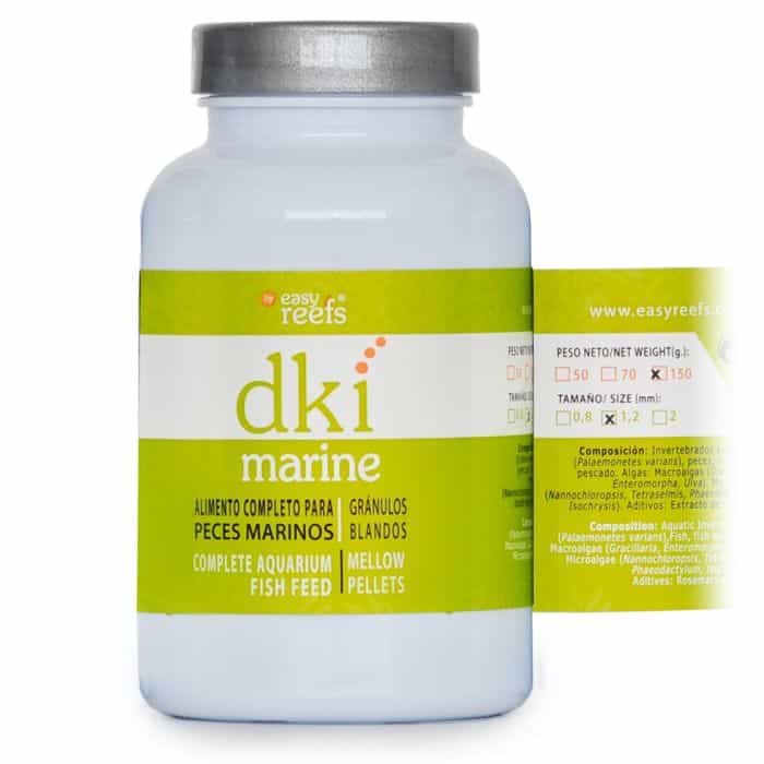 Container of Easy Reefs DKI Marine Fish Food (0.8mm, 50g), premium pellet fish food made with freeze-dried shrimp and microalgae, designed to provide balanced nutrition for saltwater fish.