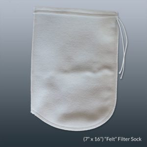 A 7 x 16-inch aquarium filter sock with a drawstring closure, designed to trap debris and maintain cleaner water in fish tanks.