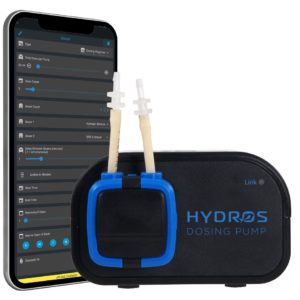 HYDROS Dosing Pump with accessories, featuring power cable and PVC tubing for automated aquarium supplement dosing.
