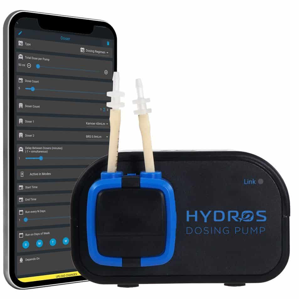 HYDROS Dosing Pump with accessories, featuring power cable and PVC tubing for automated aquarium supplement dosing.