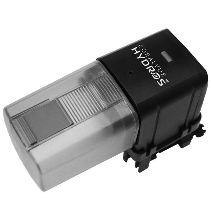 HYDROS WiFi Automatic Fish Feeder with USB power cable and app-controlled feeding schedules for aquarium fish.