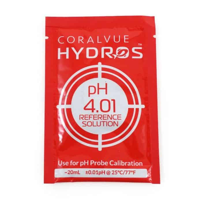 HYDROS pH 4.01 Calibration Fluid packet for accurate pH calibration in saltwater aquariums, essential for maintaining precise water chemistry.
