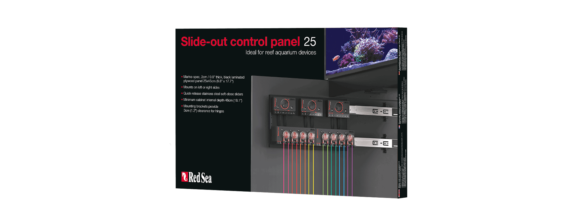 Convenient slide-out control panel for reef aquarium devices, designed to optimize cabinet space for dosers and controllers.