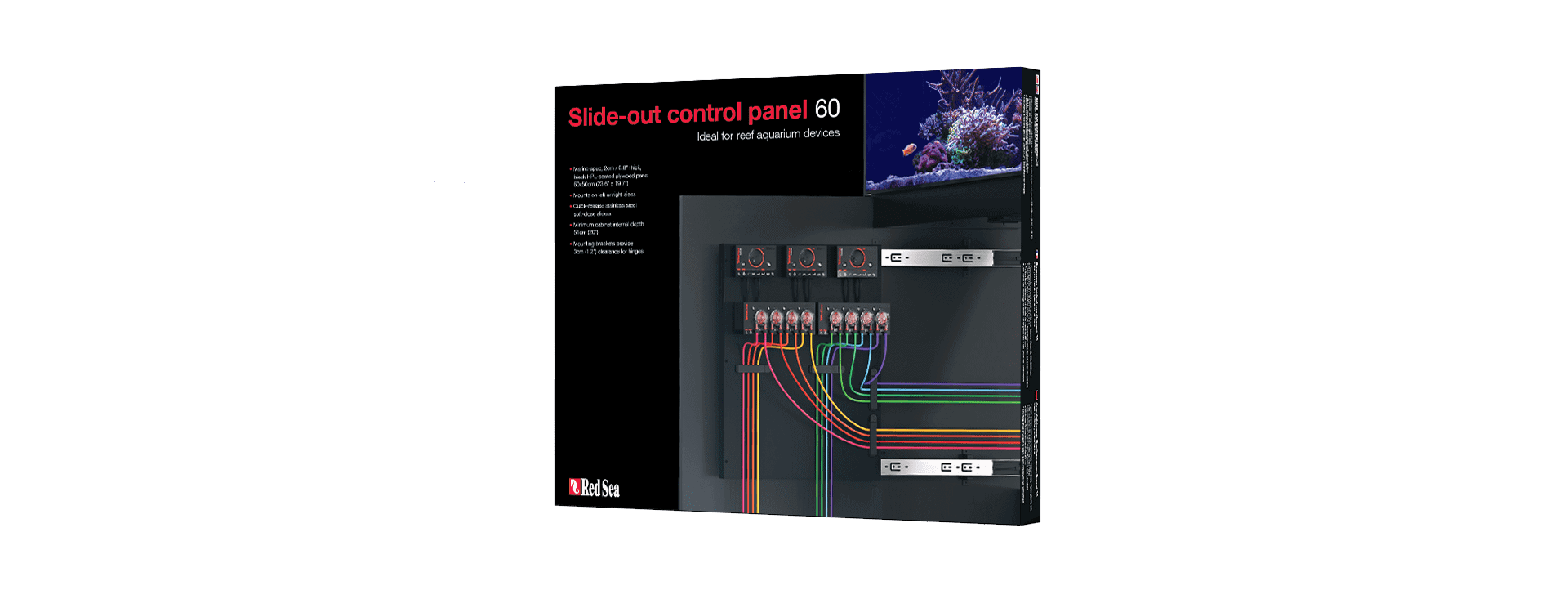 A multi-colored corded device - Red Sea's innovative slide-out Control Panel 60 for reef aquariums.