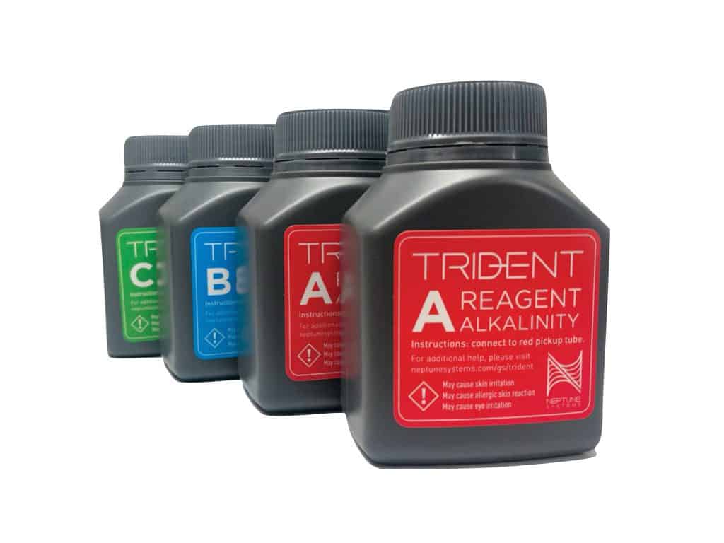 Neptune Systems 2-Month Trident Reagent Kit for alkalinity, calcium, and magnesium testing in aquariums, ensuring accurate water quality monitoring.