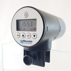 Intellifeed Automatic Fish Feeder by Lifegard Aquatics with sealed moisture-proof container, digital controls, USB power, and rechargeable battery for easy scheduled feedings.
