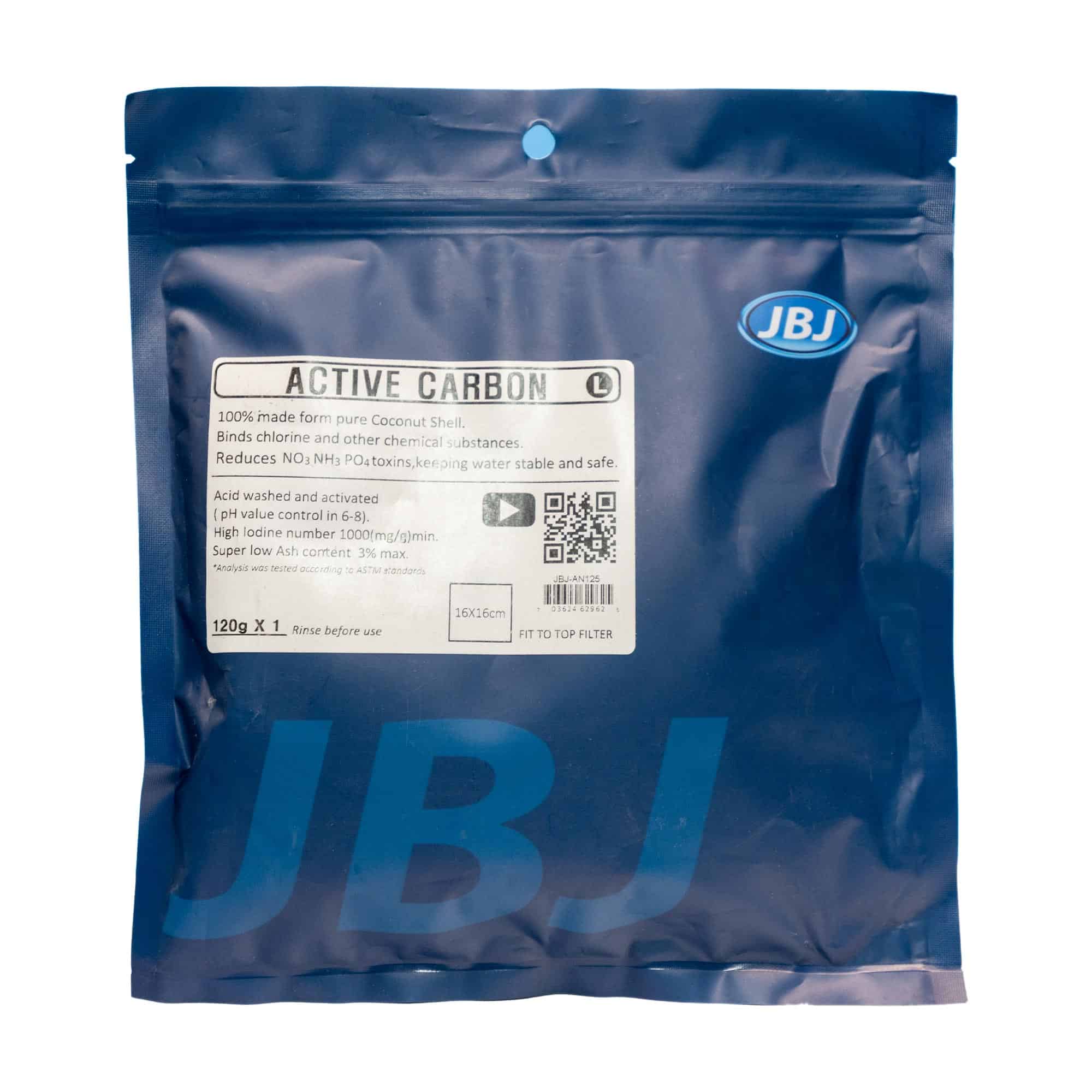 JBJ Activated Carbon 120g (2 Pack) for freshwater and saltwater aquariums, removes pollutants and odors for a clean aquatic environment.