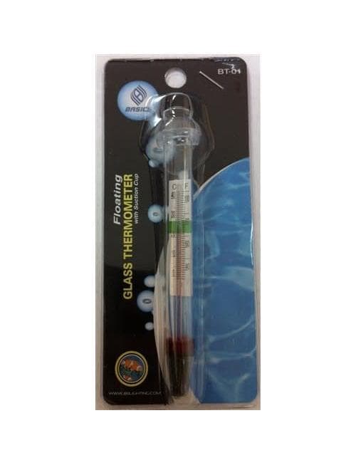 Aquarium Glass Thermometer with Suction Cup for accurate water temperature monitoring, featuring a safety zone indicator.