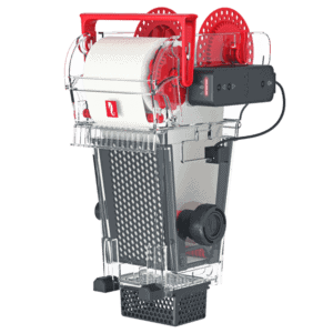 Red Sea ReefMat 1200 automatic fleece roller filter installed in a reef tank sump for efficient water filtration and clarity.