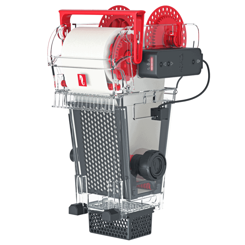 Red Sea ReefMat 1200 automatic fleece roller filter installed in a reef tank sump for efficient water filtration and clarity.