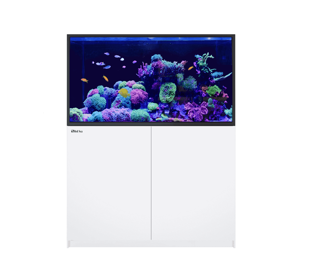 Red Sea Reefer G2+ S 550 Complete System in white with cabinet stand, dual returns, and integrated sump filtration system