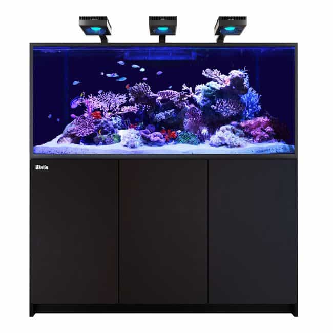 Red Sea Reefer G2+ S 700 Complete System in black with cabinet stand, integrated sump, ReefATO+ kit, and dual return outlets