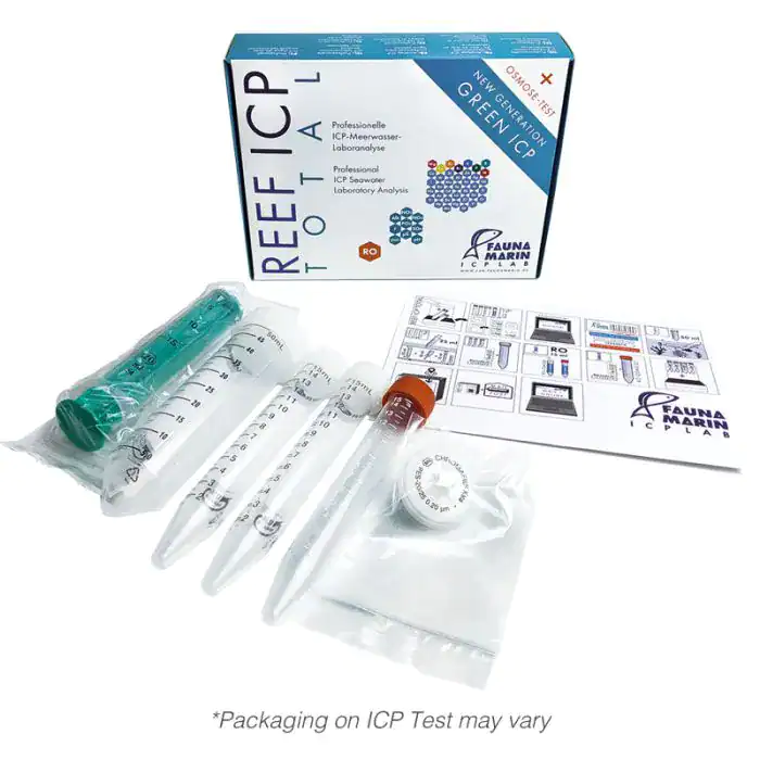 Reef ICP Total Test kit By Fauna Marin for reef aquariums, providing high-precision ICP-OES water analysis to monitor essential elements and maintain coral health.