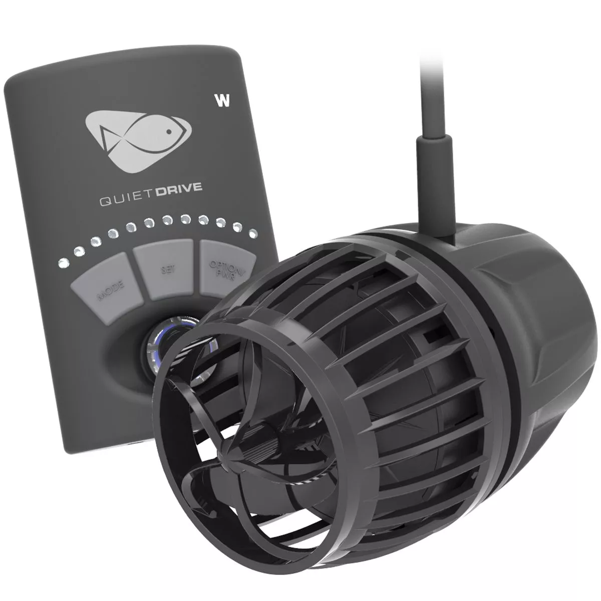 Vortech QuietDrive pump creating dynamic water flow in a reef aquarium with sleek design and Mobius app compatibility.
