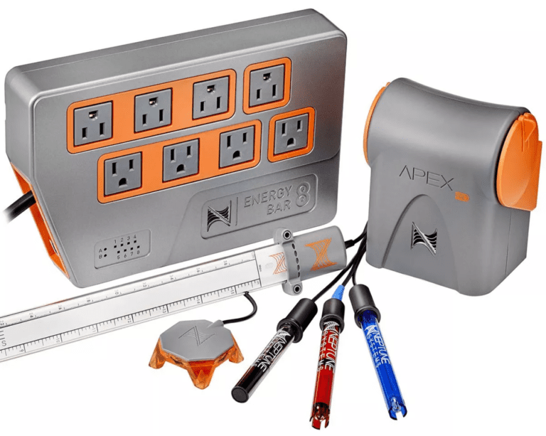Neptune Apex A3 Pro Controller with lab-grade probes, liquid level sensor, and Energy Bar 832 for complete aquarium automation and monitoring.