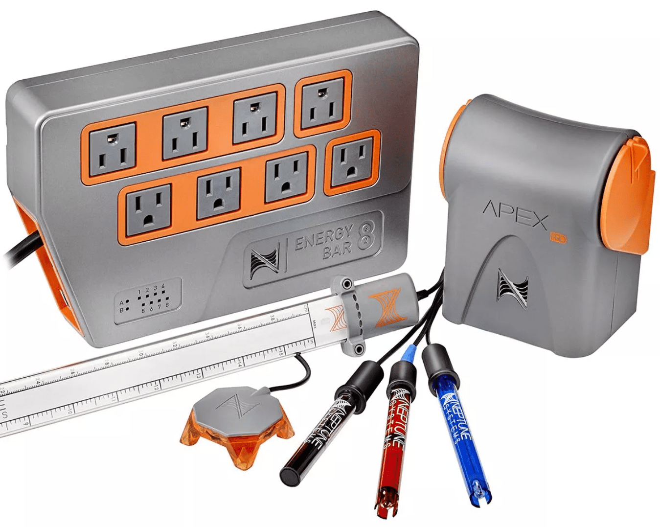 Neptune Apex A3 Pro Controller with lab-grade probes, liquid level sensor, and Energy Bar 832 for complete aquarium automation and monitoring.