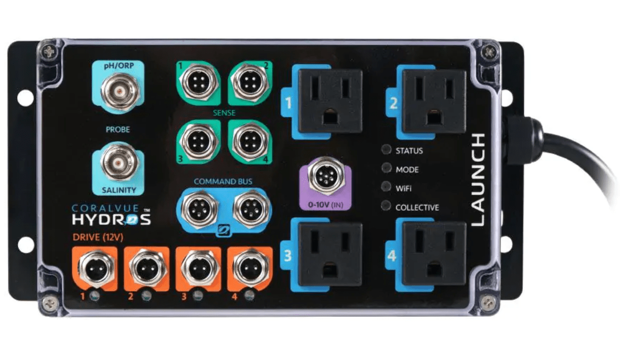 HYDROS Launch Controller displaying Wi-Fi connectivity, pH, and temperature sensors for aquarium monitoring.