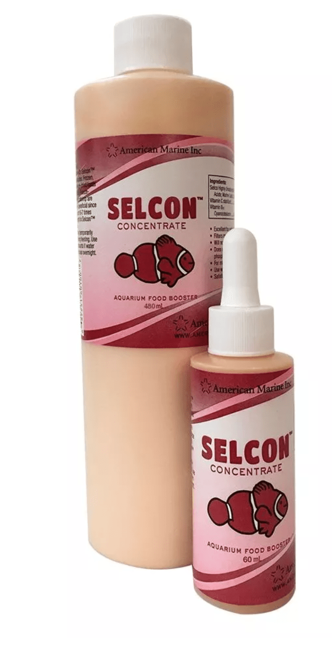 Bottle of American Marine Selcon Concentrate used to enhance marine fish and invertebrate diets with Omega-3 fatty acids and vitamins.