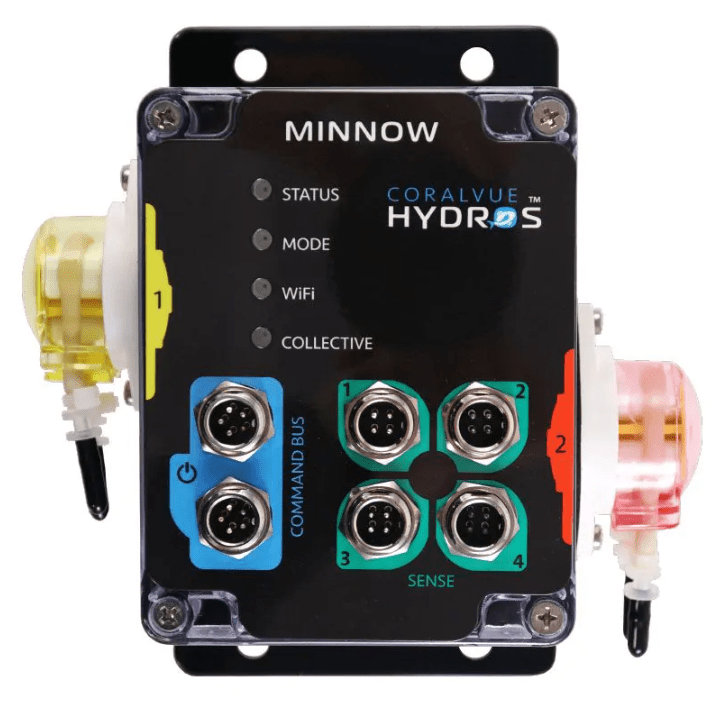 HYDROS Minnow Aquarium Controller with dual dosing pumps and WiFi-enabled monitoring for saltwater, freshwater, and pond setups