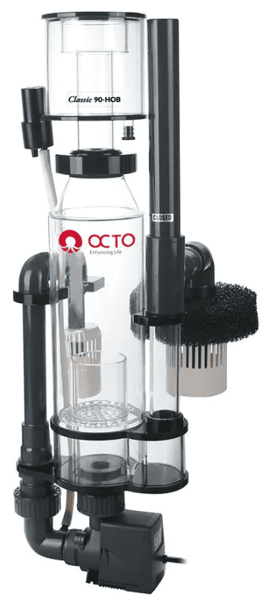 Classic 90 HOB Skimmer by Reef Octopus removing surface waste behind saltwater aquarium