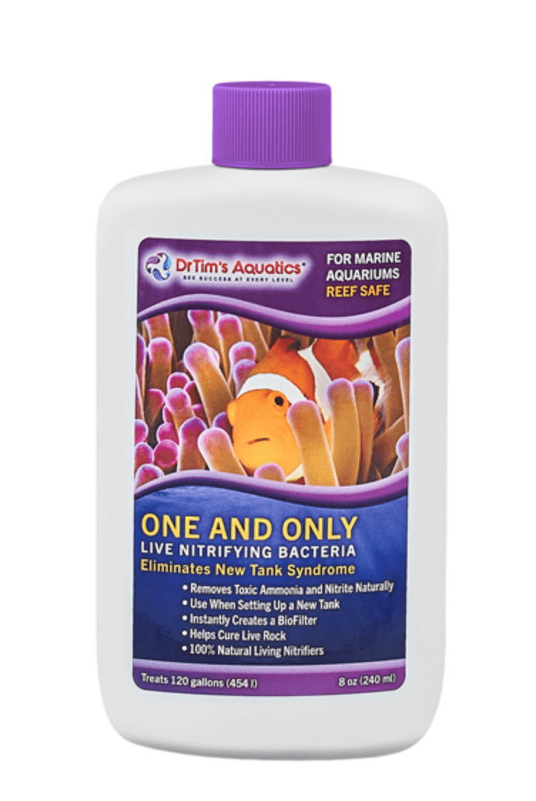 A bottle of Dr. Tim’s Aquatics Live Nitrifying Bacteria, designed to instantly cycle aquariums by removing ammonia and nitrite for a healthy tank.