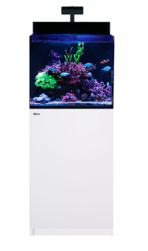 Red Sea MAX Nano G2 XL Complete System Aquarium with White Cabinet featuring ReefLED lighting and premium filtration components for coral health.