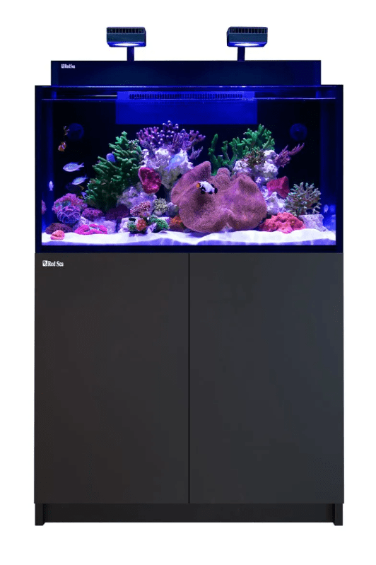Red Sea Max Nano G2 XXL w/ Black Cabinet with dual ReefLED 50 lights, ultra-clear glass, and built-in filtration for a complete reef setup.