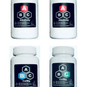 Four bottles of CoralVue ABC Reagents 2-month Supply reagent kit for alkalinity, calcium, and magnesium testing in aquariums.