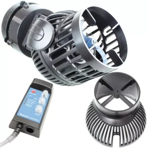 Tunze Turbelle Stream Eco 6255 circulation pump shown with protective housing and magnet mount.
