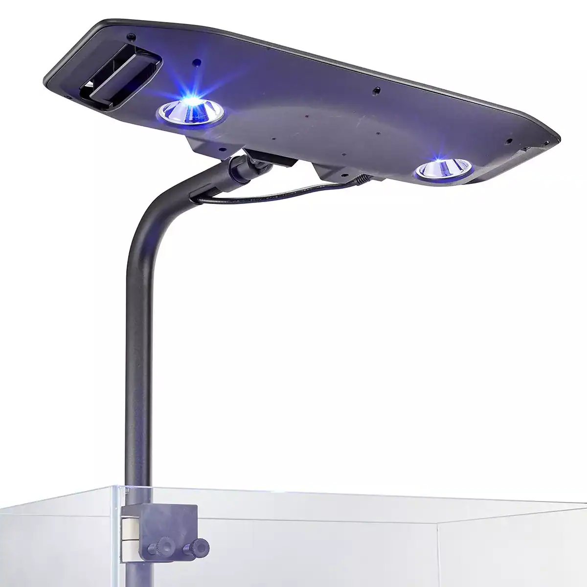 Kessil AP9X Mounting Arm installed over saltwater aquarium with adjustable height and cable-managed lighting fixture
