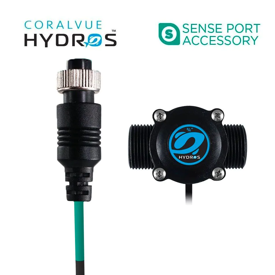 HYDROS 2 Inch Flow Sensor shown with 8-foot Sense Port Cable and schedule 80 PVC unions.