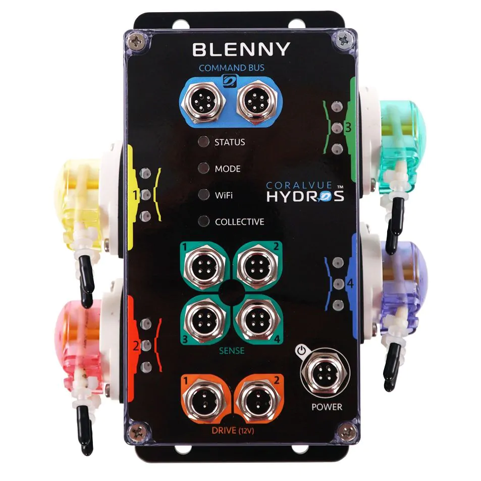 HYDROS Blenny precision dosing pump and smart aquarium controller in shipping container with tubing, power supply, and calibration beaker