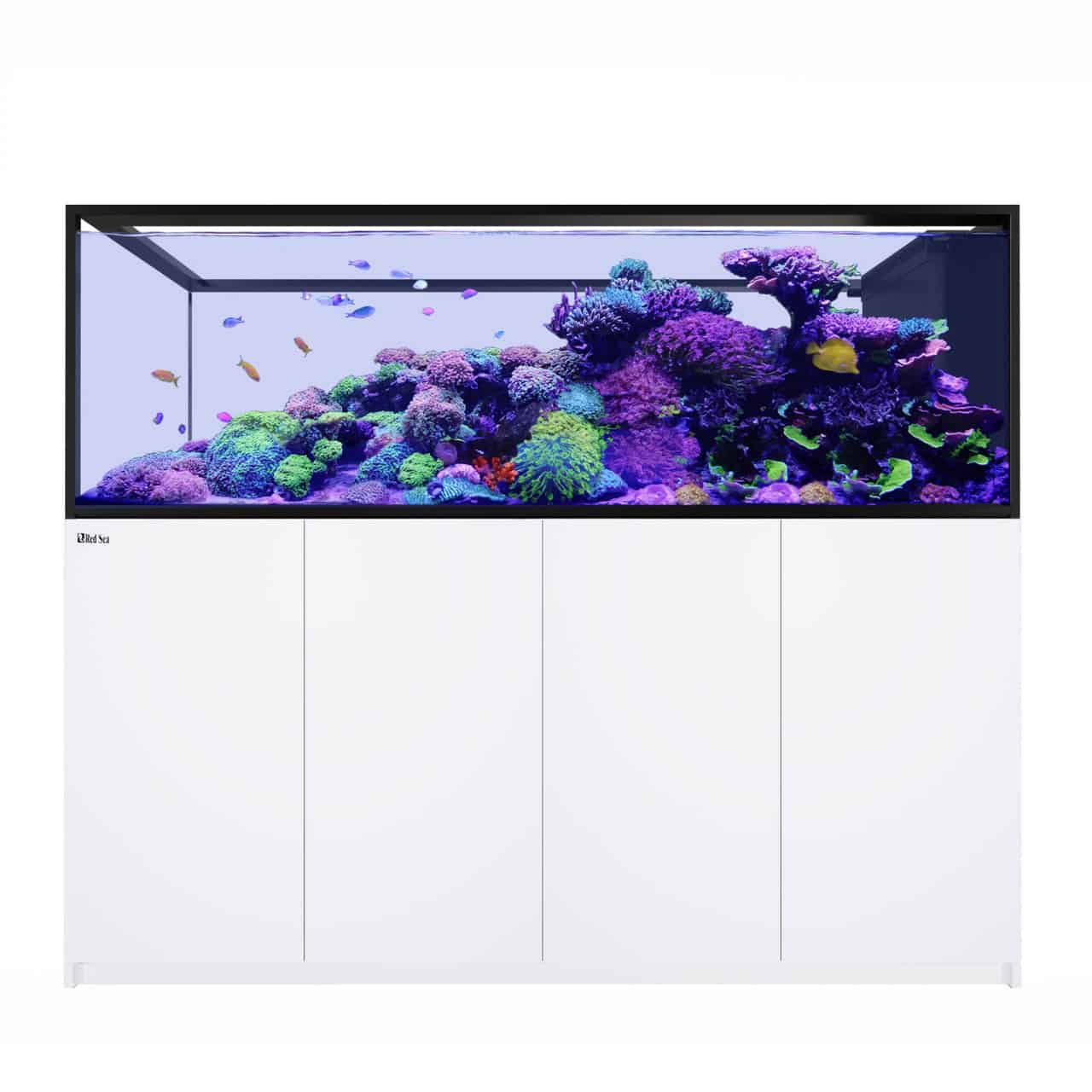 Red Sea REEFER MAX Peninsula S-950 G3 White reef aquarium system with cabinet, sump, lighting, and smart equipment installed