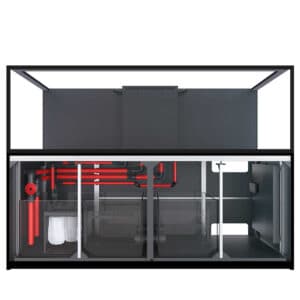 Close-up of Red Sea REEFER MAX S-1000 Black tank showing euro-brace glass, cabinet finish, and integrated ReefATO+ controls for saltwater aquariums.