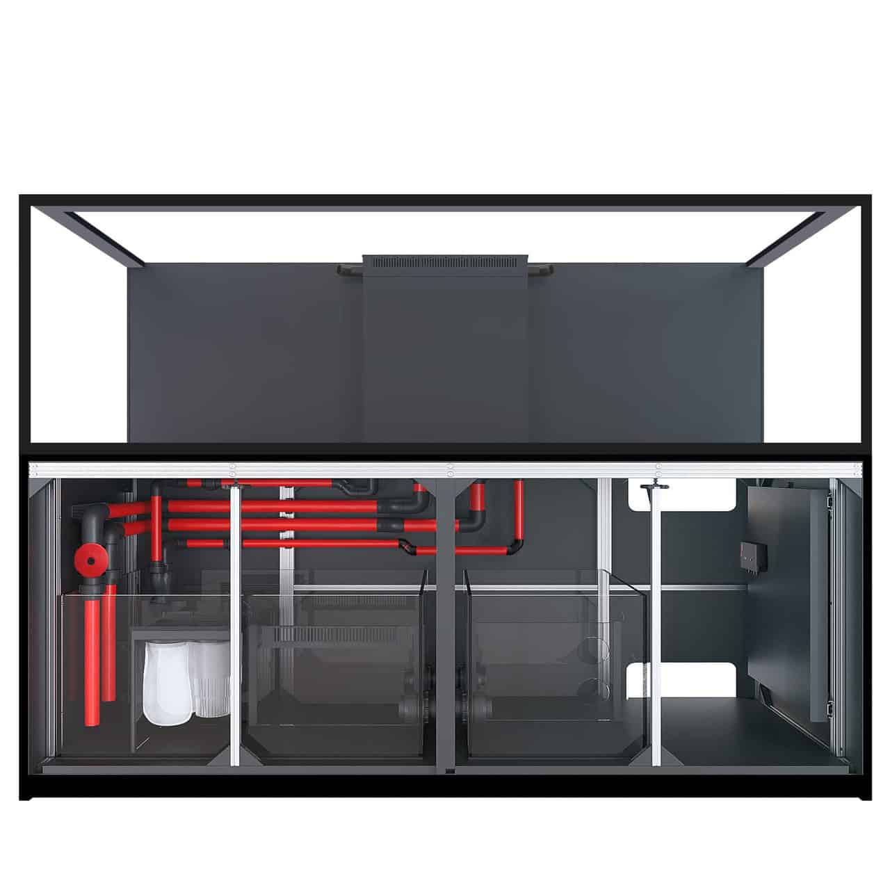 Close-up of Red Sea REEFER MAX S-1000 Black tank showing euro-brace glass, cabinet finish, and integrated ReefATO+ controls for saltwater aquariums.