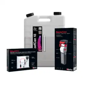 Red Sea Max Nano Pro Kit components organized beside a Red Sea Nano Aquarium showing the integrated ReefATO+ and NanoMat filter system