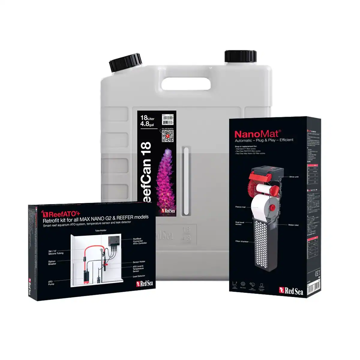 Red Sea Max Nano Pro Kit components organized beside a Red Sea Nano Aquarium showing the integrated ReefATO+ and NanoMat filter system