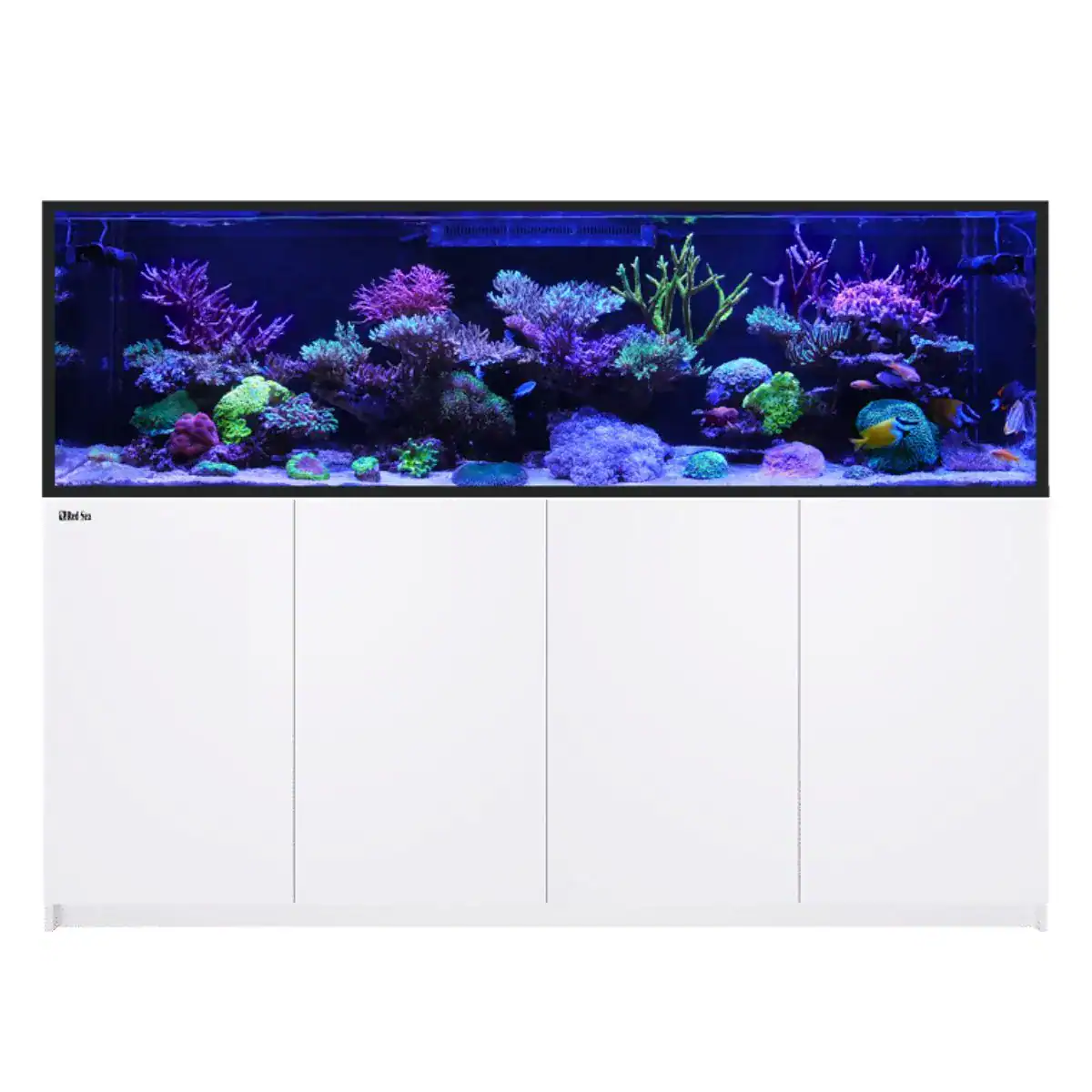 Close-up of the Red Sea REEFER Max S-1000 White showing the high-clarity glass, white stand, and smart reef automation components.