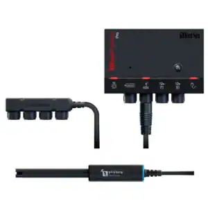 Red Sea ReefControl Pro controller unit, pH and temperature probe, and power supply on a white background