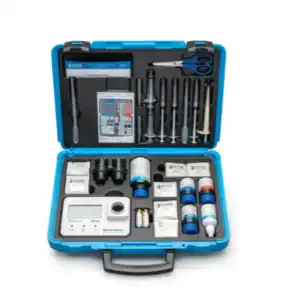 Hanna Instruments multiparameter photometer device with digital screen and sample cuvettes for marine water testing