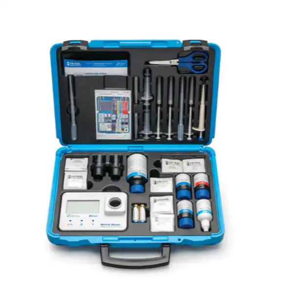 Hanna Instruments multiparameter photometer device with digital screen and sample cuvettes for marine water testing